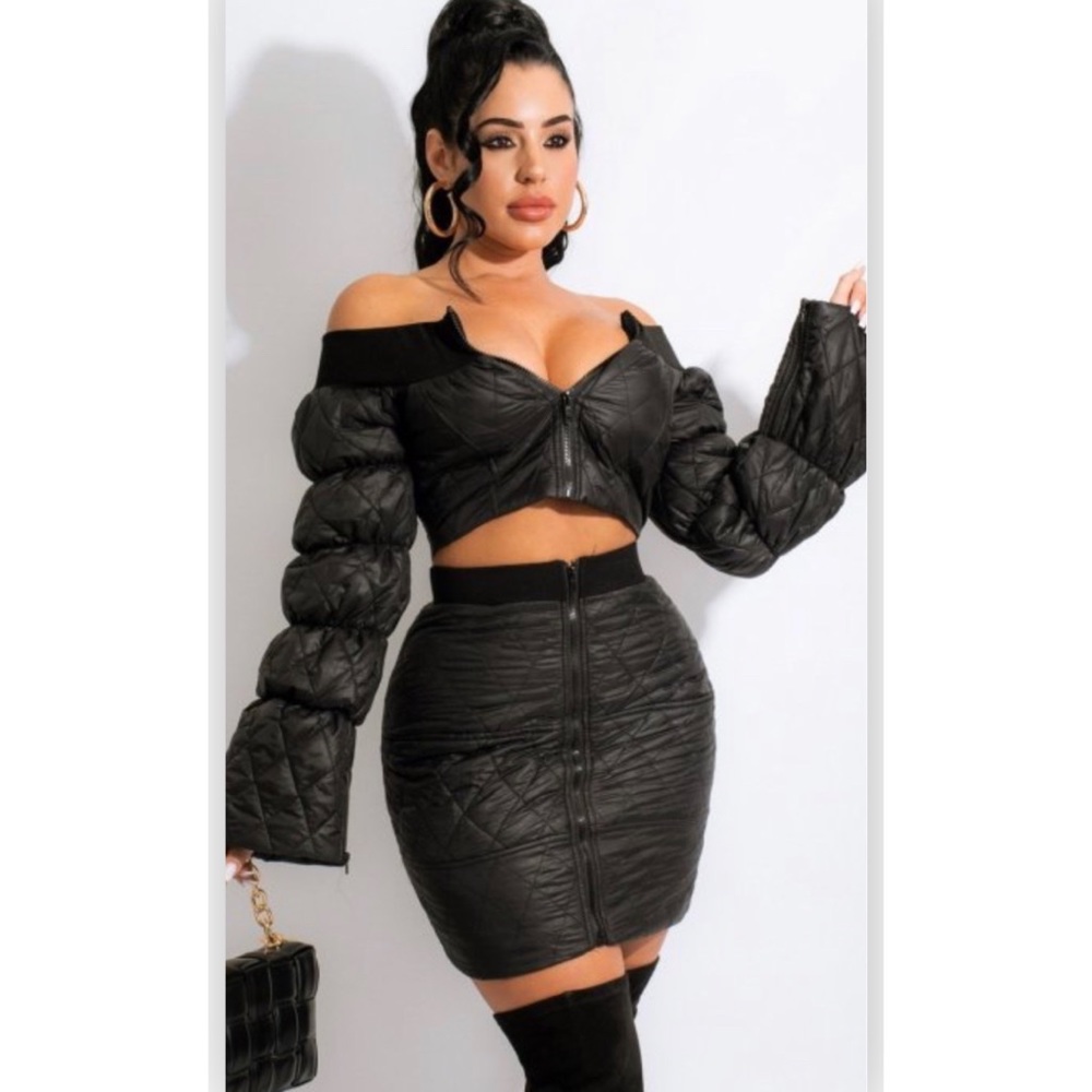 Puffer crop jacket sweater skirt set